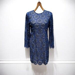 🌻RUNGOLEE Blue Sheath Long Sleeve Eyelet Knee Length Dress Size Small